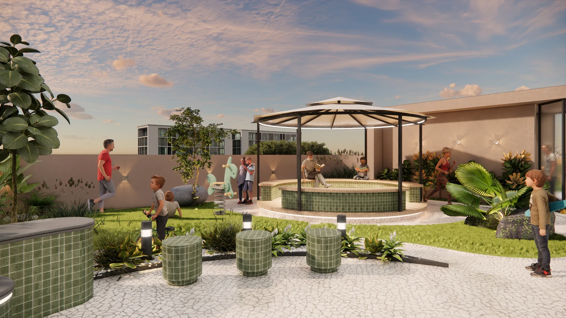 Pooja Element rooftop garden with gazebo seating and landscaped terrace Gangapur Road Nashik