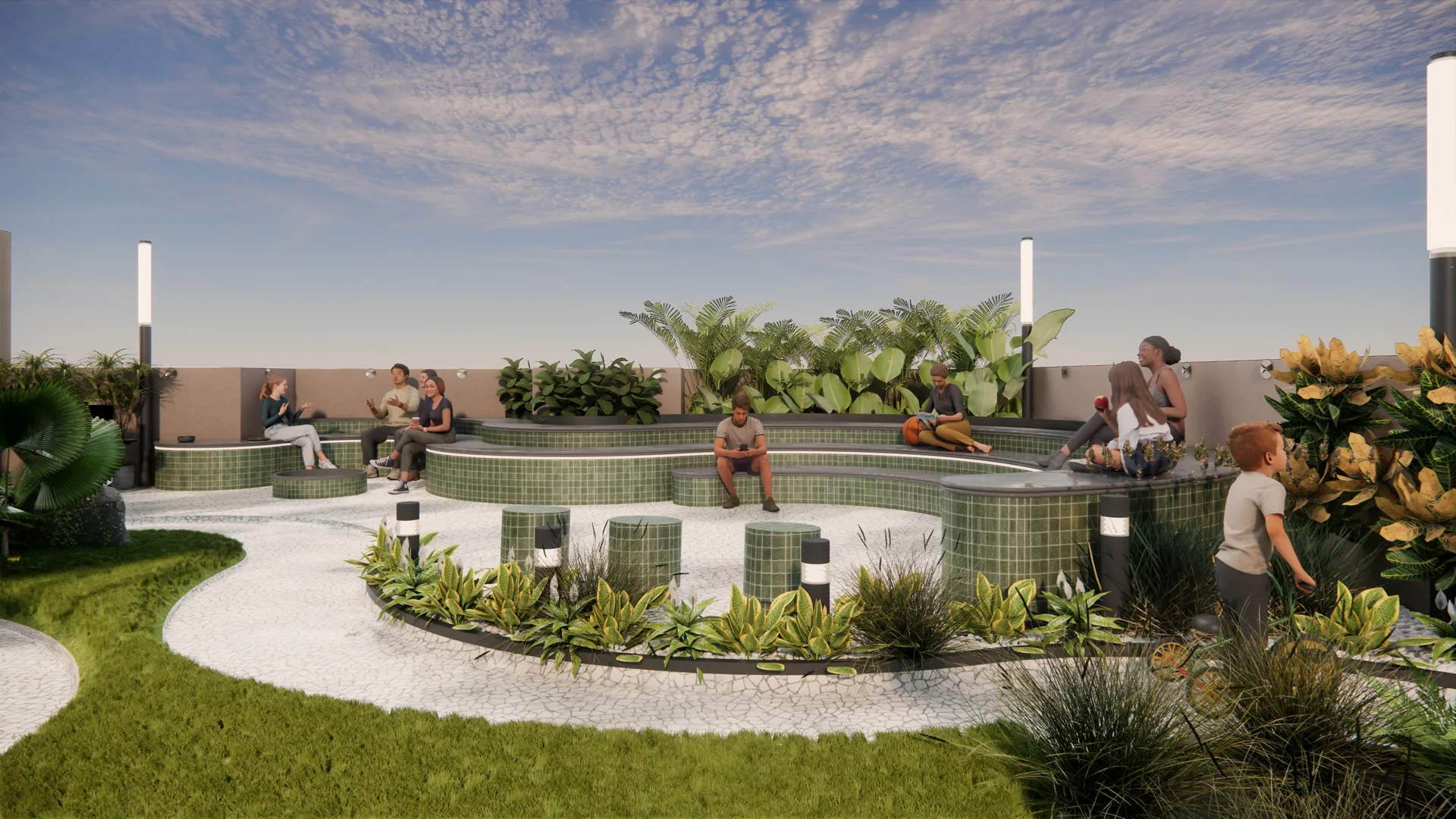Pooja Element open-air terrace seating amenity with tropical landscaping Nashik
